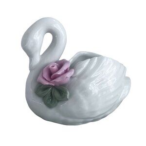 Porcelain White Swan Figurine Pink Rose Candle Holder Dressing Table Decor